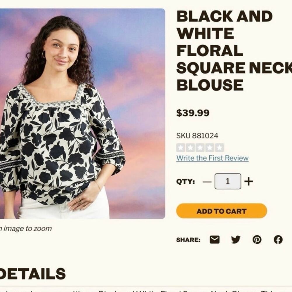 BLACK AND WHITE FLORAL SQUARE NECK BLOUSE